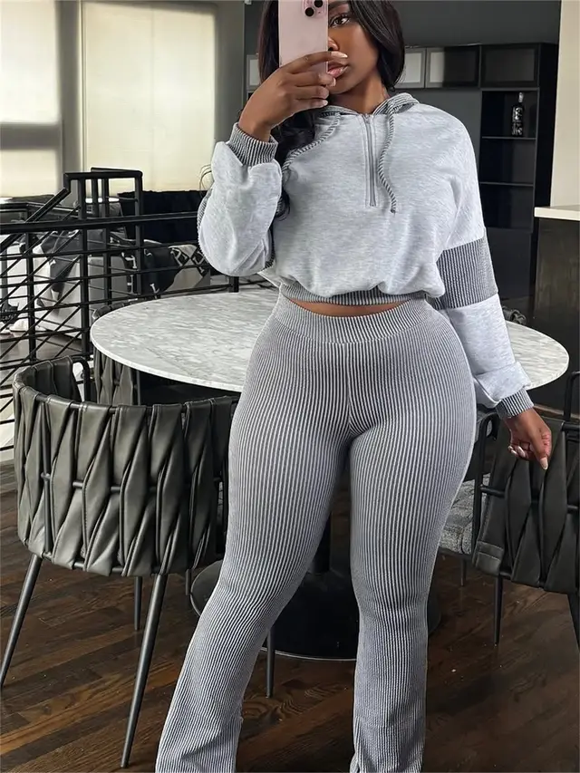 Fashion Sunken Stripe Hooded Suits Slim Fit Patchwork Long Sleeve Top And Trousers Gray - Shop at LoveMi