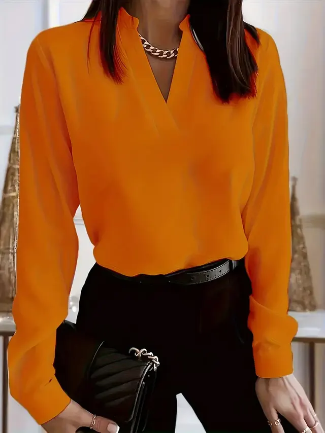 Women's V neck Long Sleeve Loose Printed Shirt Top Orange - Shop at LoveMi
