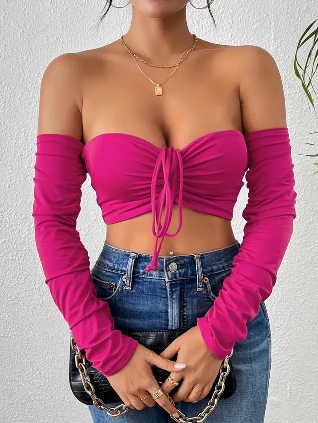 Night Club Style Slimming Waist Drawstring Long sleeved Vest Can Be Worn Outside Rose Red - Shop at LoveMi