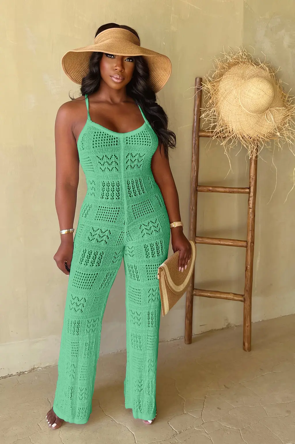 Woolen Knitted Sexy Sling Geometric Hollow-out Jumpsuit - Green