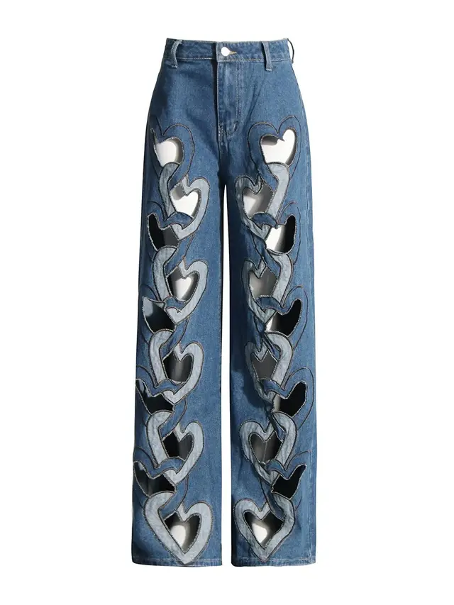 High Waist Hollowed Heart Shape Wide Leg Jeans Blue - Shop at LoveMi