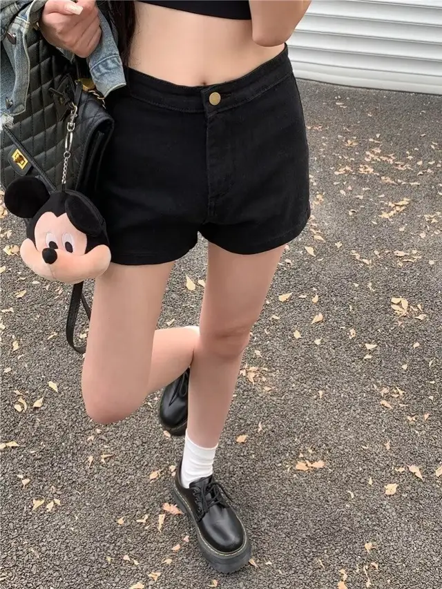 Black Denim Shorts High Waist Slimming Hot Pants Black - Shop at LoveMi