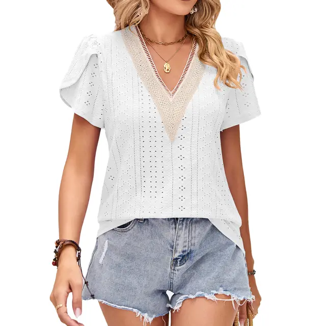 Women's V neck Lace Short sleeved Loose Top White - Shop at LoveMi