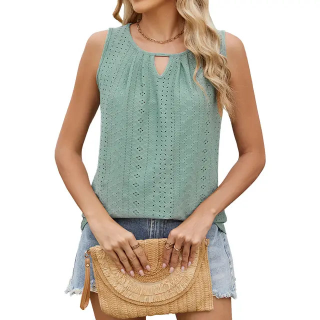 Round Neck Hollow out Pleated Sleeveless Top Dark Green - Shop at LoveMi