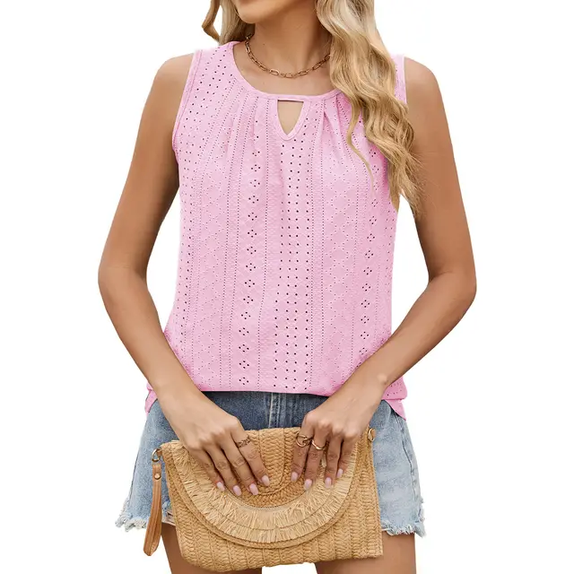 Round Neck Hollow out Pleated Sleeveless Top Pink - Shop at LoveMi