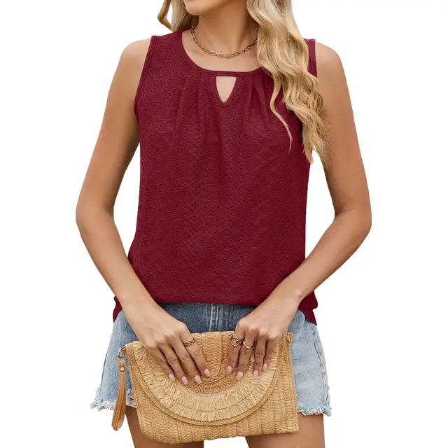 Round Neck Hollow out Pleated Sleeveless Top Wine Red - Shop at LoveMi