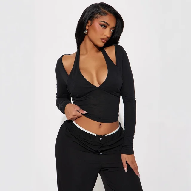 Women's Off the shoulder V neck Fake Two piece Top Slim Fit Black - Shop at LoveMi