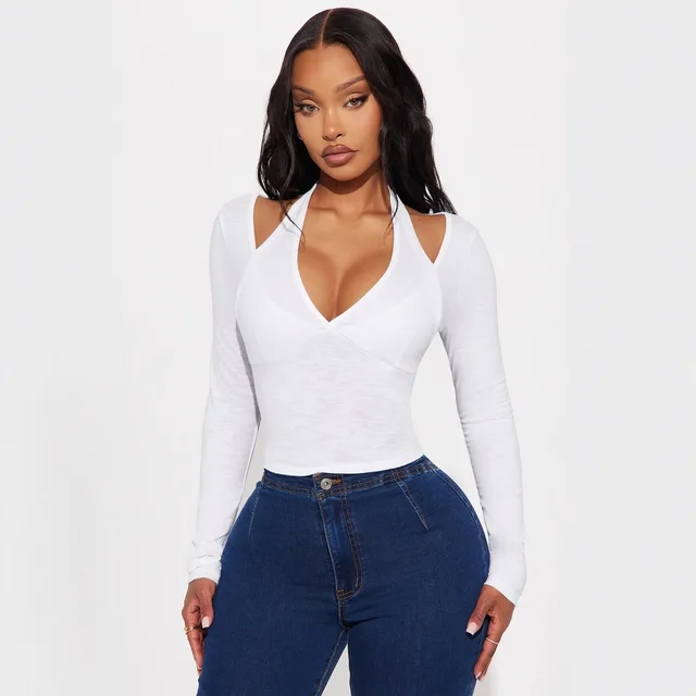 Women's Off the shoulder V neck Fake Two piece Top Slim Fit White - Shop at LoveMi
