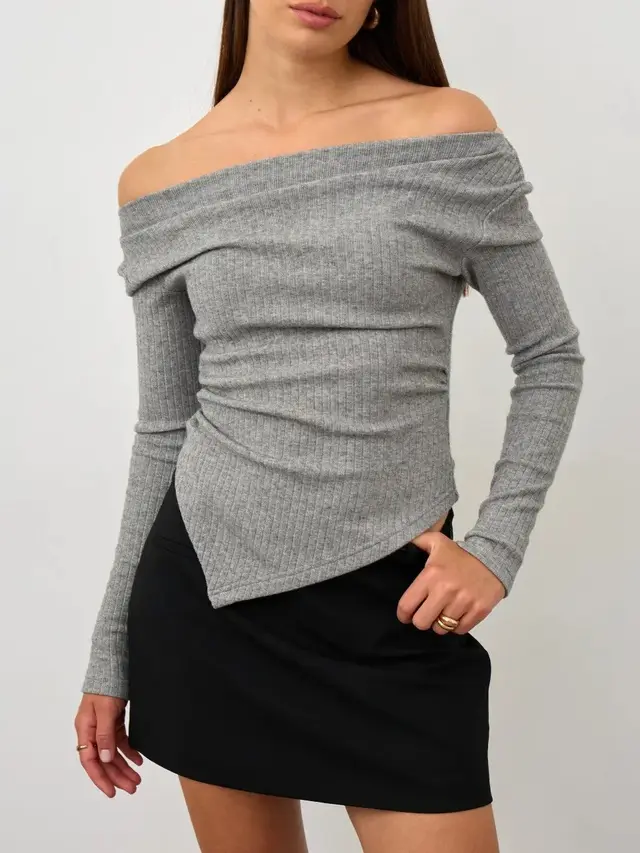 Women's Shoulder baring Sweater Slim Fit Off shoulder Top Gray - Shop at LoveMi