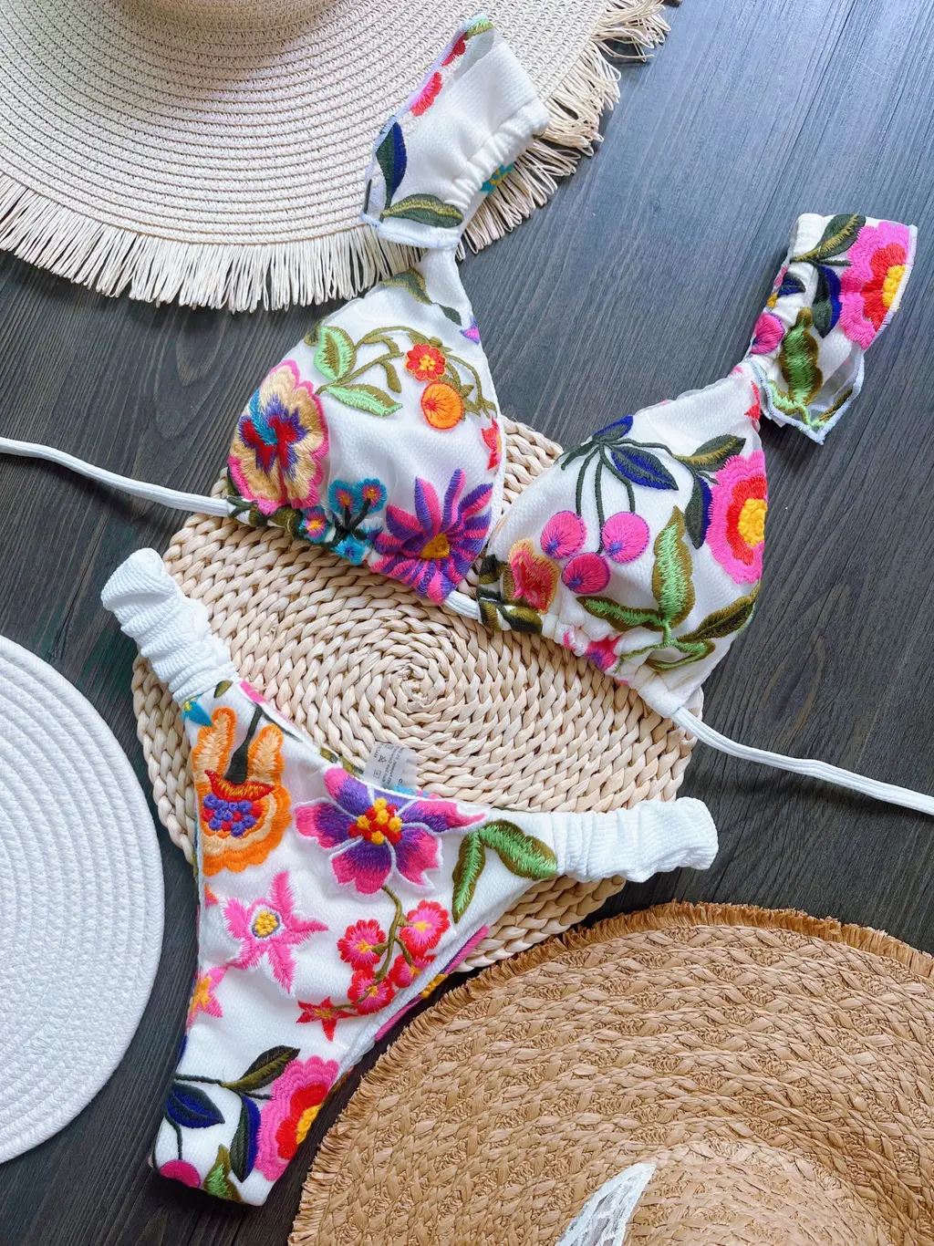 Mesh Multi-color Embroidery Lining Flying Bikini Suit - Ls01
