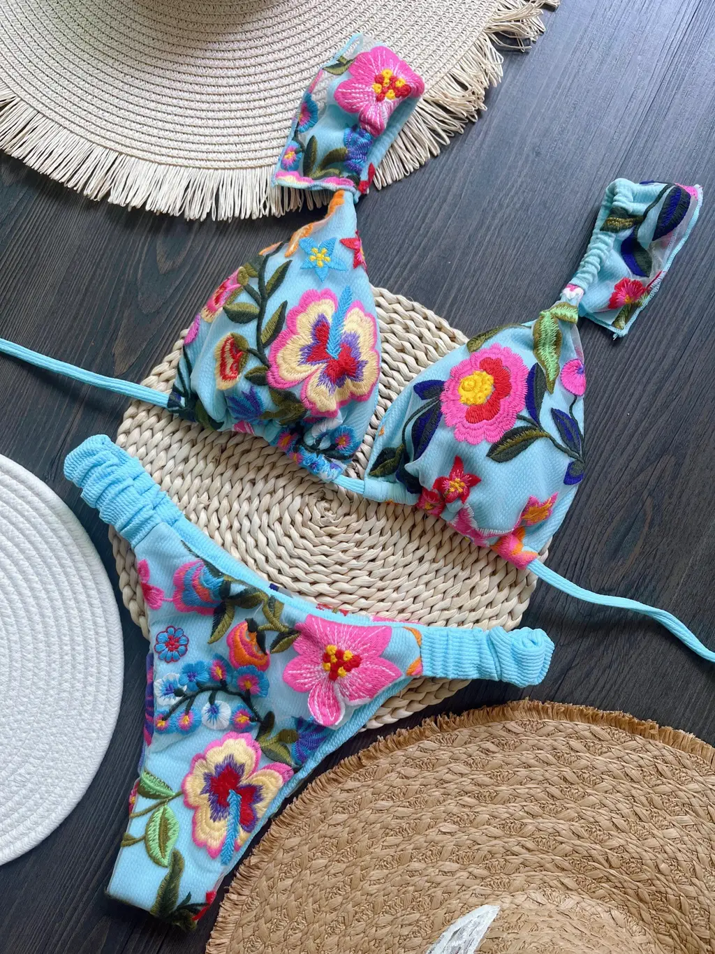 Mesh Multi-color Embroidery Lining Flying Bikini Suit - Ls03