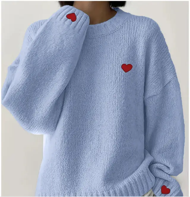 Love Embroidered Crew Neck Sweater Pullover Sweater Light Blue - Shop at LoveMi