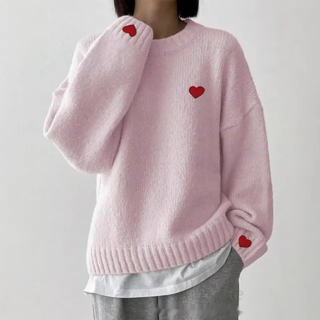 Love Embroidered Crew Neck Sweater Pullover Sweater Pink - Shop at LoveMi