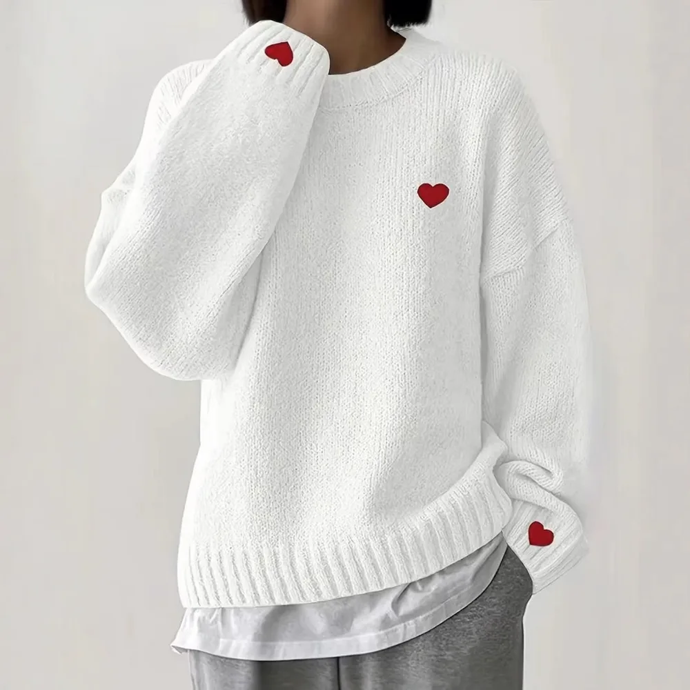 Love Embroidered Crew Neck Sweater Pullover Sweater Red - Shop at LoveMi