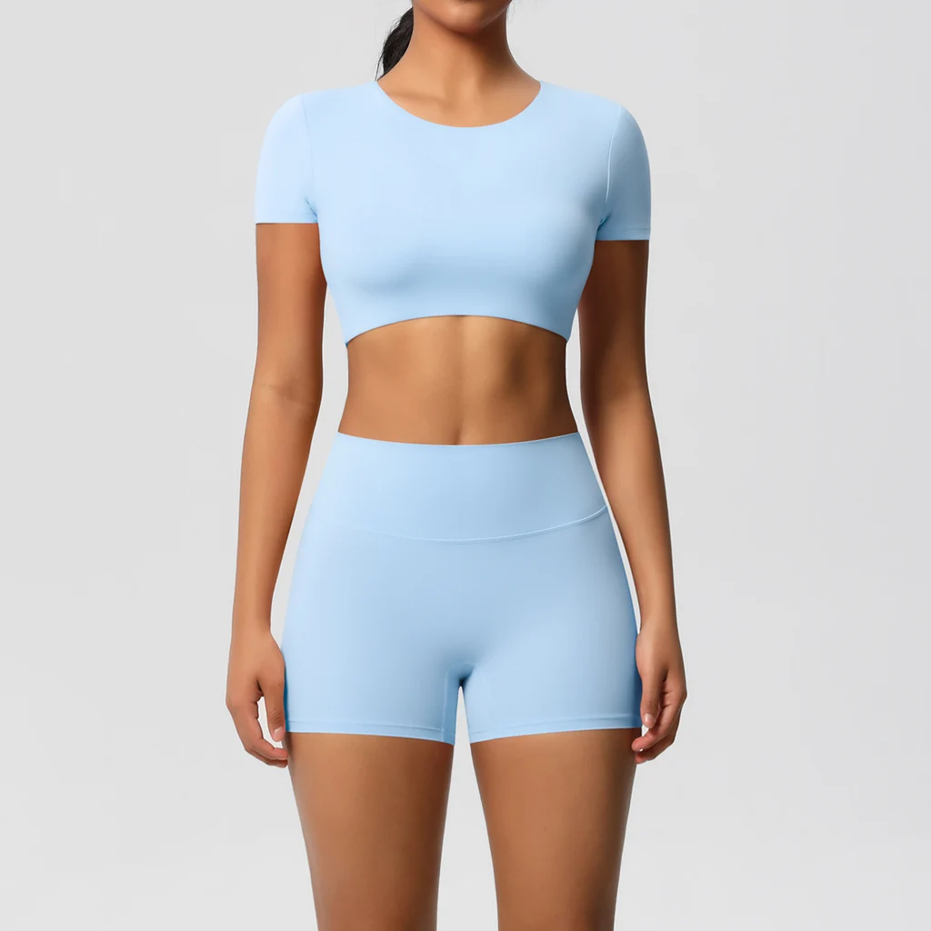 Solid Color Double-sided Brushed Yoga Clothes With Chest Suit Running - Sky Blue