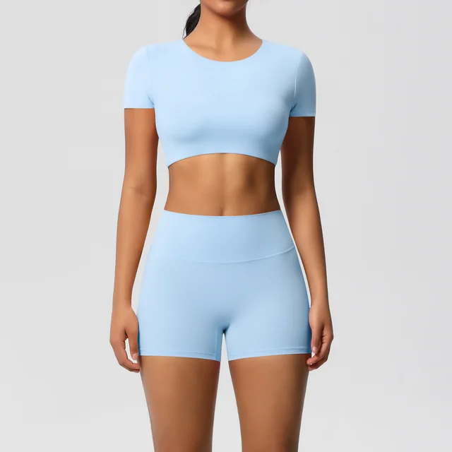 Solid Color Double sided Brushed Yoga Clothes With Chest Suit Running Sky Blue - Shop at LoveMi