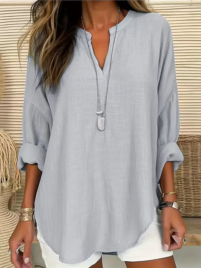 Women's Casual V neck Cotton And Linen Solid Color Shirt Gray - Shop at LoveMi