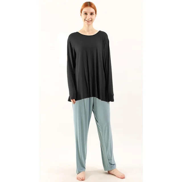 Loose High Elastic Bamboo Fiber Home Long sleeved Trousers Suit Black Coat Cinnabar Red Pants - Shop at LoveMi