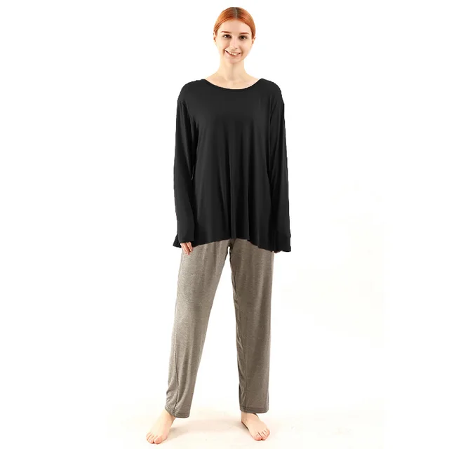 Loose High Elastic Bamboo Fiber Home Long sleeved Trousers Suit Black Top Dark Gray Pants - Shop at LoveMi