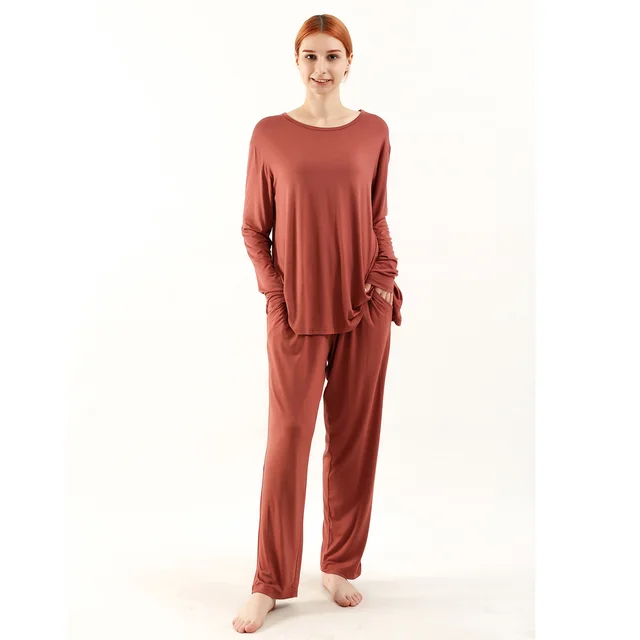 Loose High Elastic Bamboo Fiber Home Long sleeved Trousers Suit Cinnabar Red Suit - Shop at LoveMi