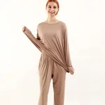 Loose High Elastic Bamboo Fiber Home Long-sleeved Trousers Suit - Skin Color Suit-5Xl