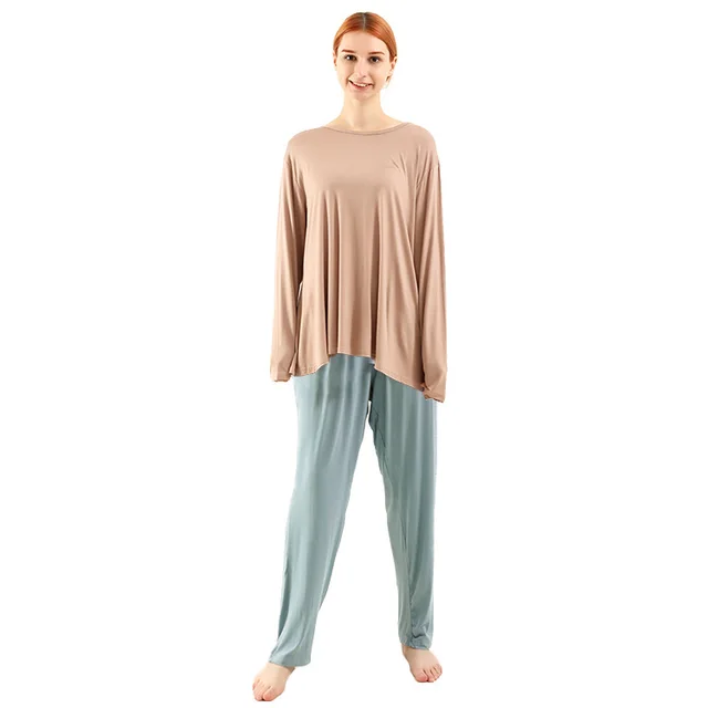 Loose High Elastic Bamboo Fiber Home Long sleeved Trousers Suit Skin Color Top Blue Pants - Shop at LoveMi