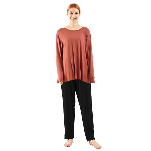 Loose High Elastic Bamboo Fiber Home Long sleeved Trousers Suit Skin Color Top Red Pants - Shop at LoveMi