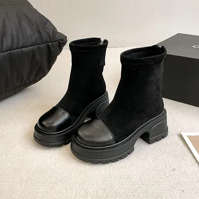 Retro Chunky Heel Versatile High rise Suede Smoke Tube Boots Black - Shop at LoveMi