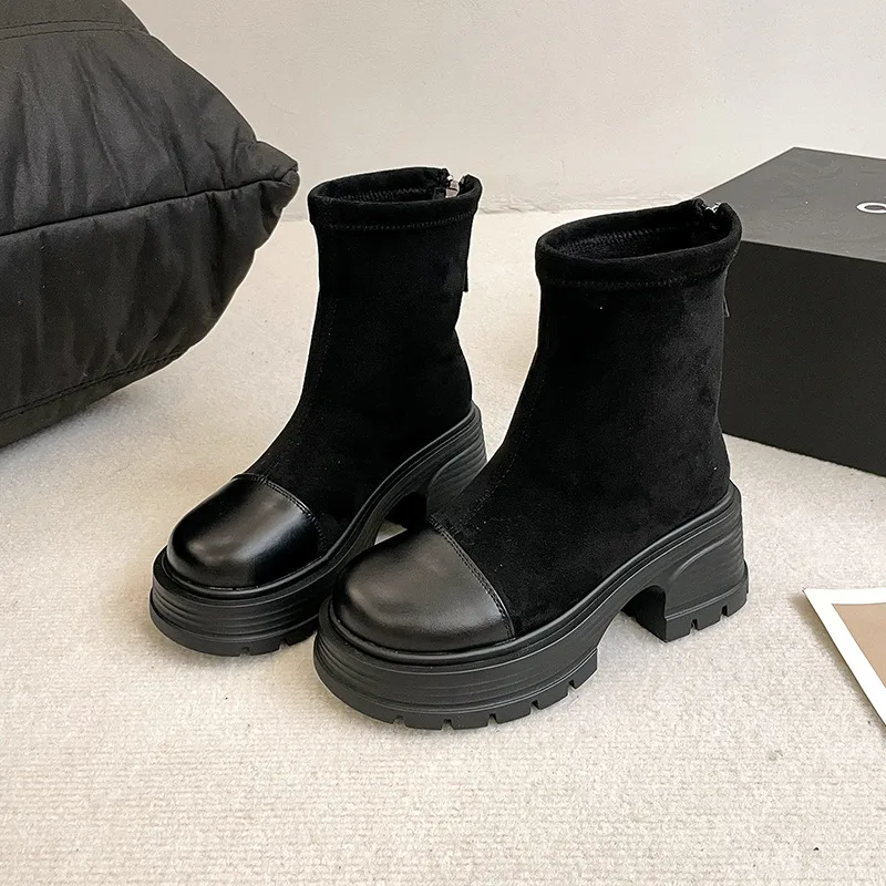 Retro Chunky Heel Versatile High rise Suede Smoke Tube Boots Black - Shop at LoveMi