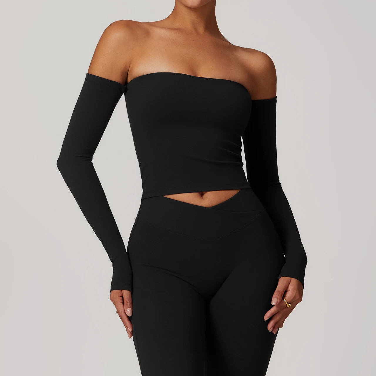 Brushed Tight Off-shoulder Long Sleeve Yoga Exercise Top - Advanced Black