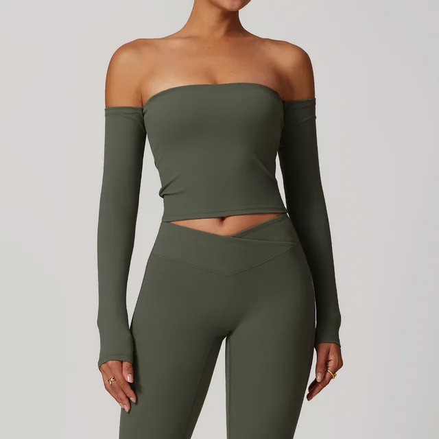 Brushed Tight Off shoulder Long Sleeve Yoga Exercise Top Forest Green - Shop at LoveMi