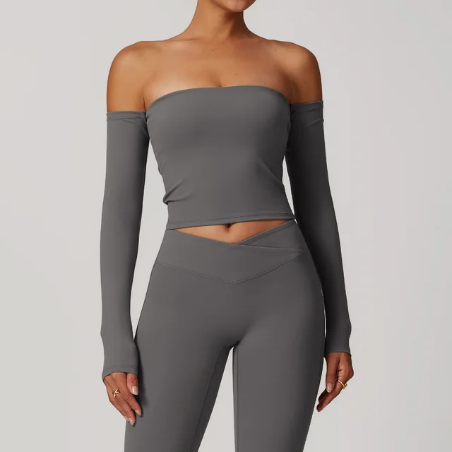 Brushed Tight Off shoulder Long Sleeve Yoga Exercise Top Gray - Shop at LoveMi