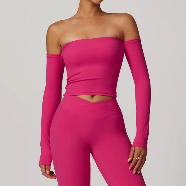 Brushed Tight Off shoulder Long Sleeve Yoga Exercise Top Raspberry Red - Shop at LoveMi