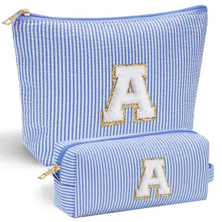 Embroidered Lettered Make-up Bag Portable Travel Storage - Blue Set