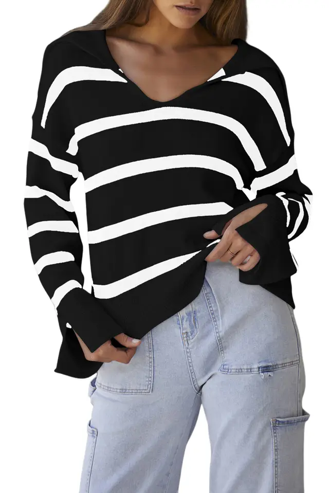 Autumn And Winter Loose Striped Sweater For Women Black Stripes - Shop at LoveMi