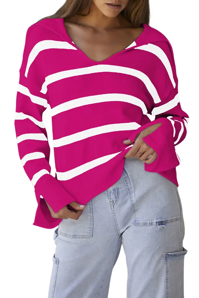 Autumn And Winter Loose Striped Sweater For Women Rose Red Stripes - Shop at LoveMi