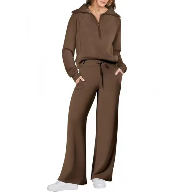 Oversized Half Zip Sweatshirt Wide Leg Track Pants Casual Suit Women Dark Brown - Shop at LoveMi