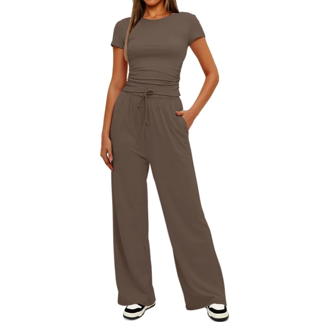 Fashion Casual Set Pleated Short Sleeves Top And Trousers Coffee Brown - Shop at LoveMi