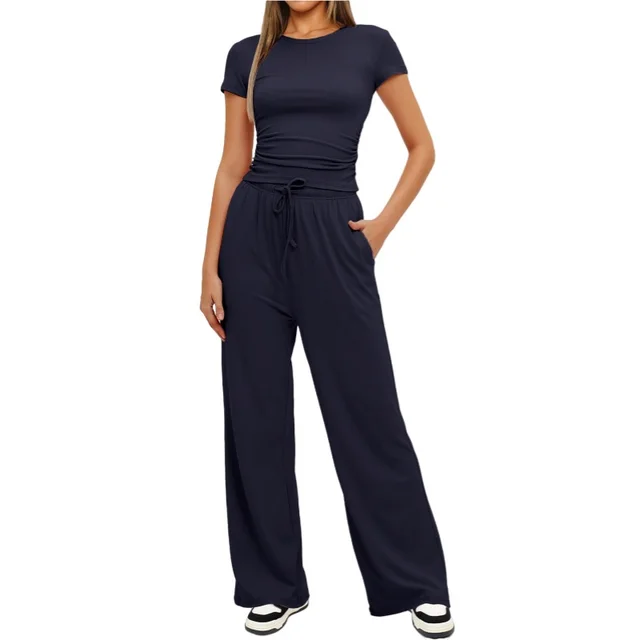 Fashion Casual Set Pleated Short Sleeves Top And Trousers Dark Blue - Shop at LoveMi