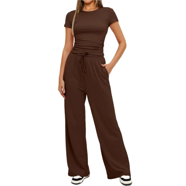 Fashion Casual Set Pleated Short Sleeves Top And Trousers Dark Coffee Color - Shop at LoveMi