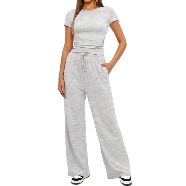 Fashion Casual Set Pleated Short Sleeves Top And Trousers Light Gray - Shop at LoveMi