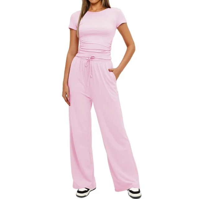 Fashion Casual Set Pleated Short Sleeves Top And Trousers Pink - Shop at LoveMi