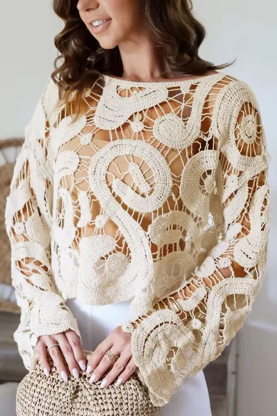 Women's Clothes Flared Sleeves Knitted Short Top Long Sleeve Off White - Shop at LoveMi