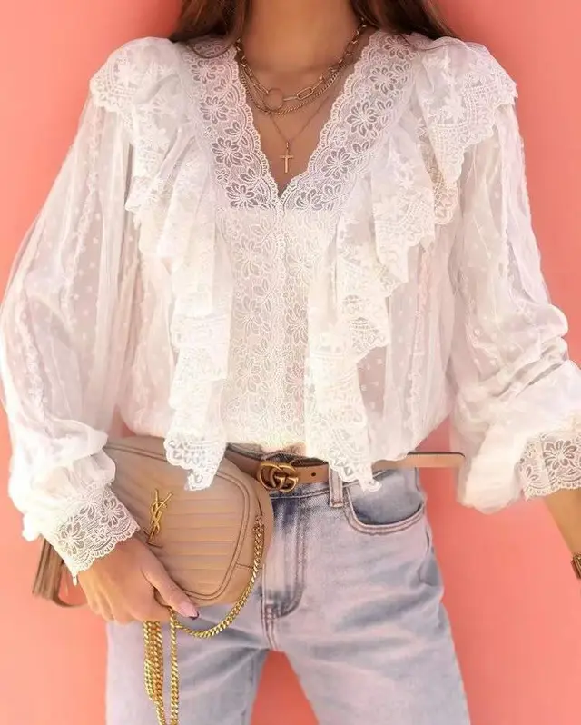 Women's Lace V neck Patchwork Ruffled Shirt White - Shop at LoveMi