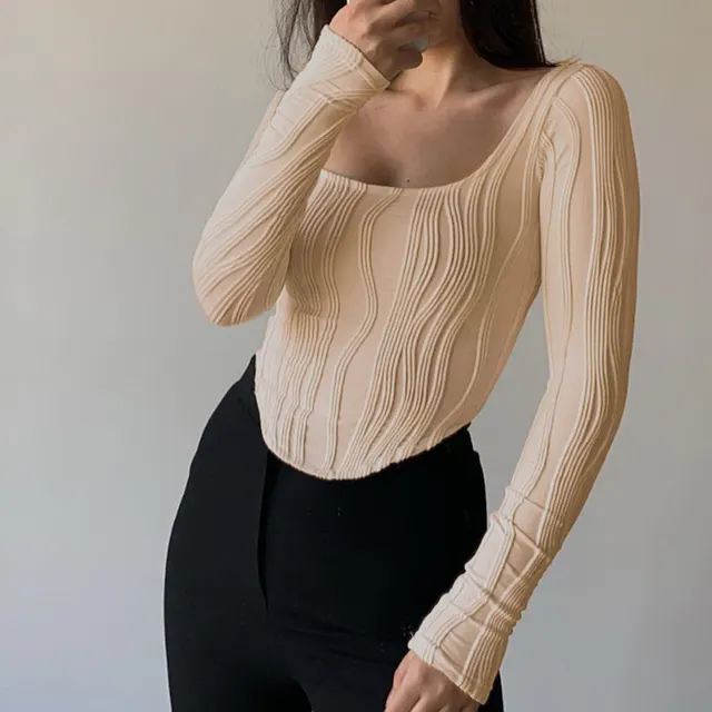 Simple Solid Color Slim Fit Long Sleeves Top Apricot - Shop at LoveMi