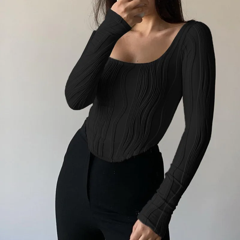 Simple Solid Color Slim Fit Long Sleeves Top - Black