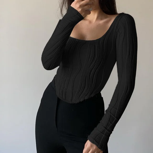 Simple Solid Color Slim Fit Long Sleeves Top Black - Shop at LoveMi