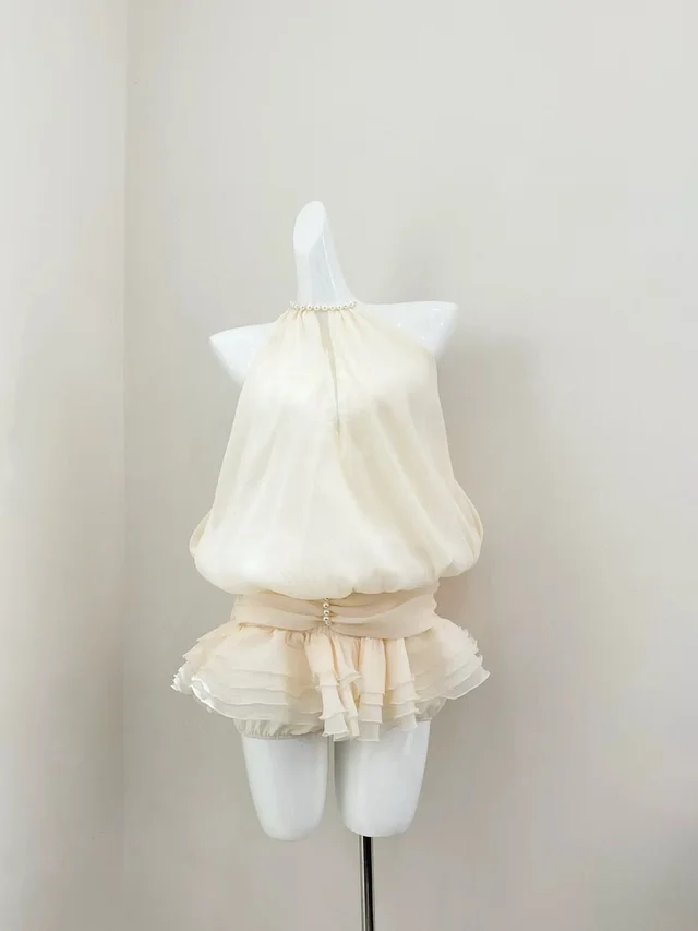Gentle And Pure Desire Style Beaded Shirt Halter Fitted Waist Bubble Skirt Outfit Apricot - Shop at LoveMi