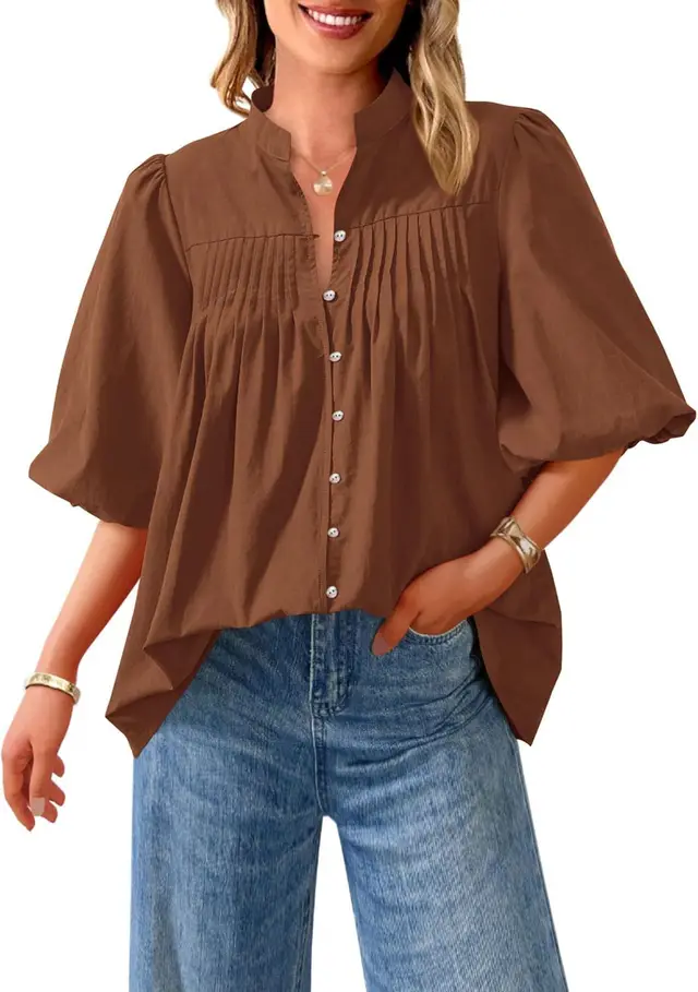 Loose Style Button Shirt Casual Pleated V neck Shirt Brown - Shop at LoveMi