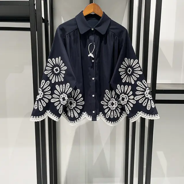 Spring And Summer Leisure Lapel Hollow SUNFLOWER Ethnic Style Wide Leg Pants Suit Top - Shop at LoveMi